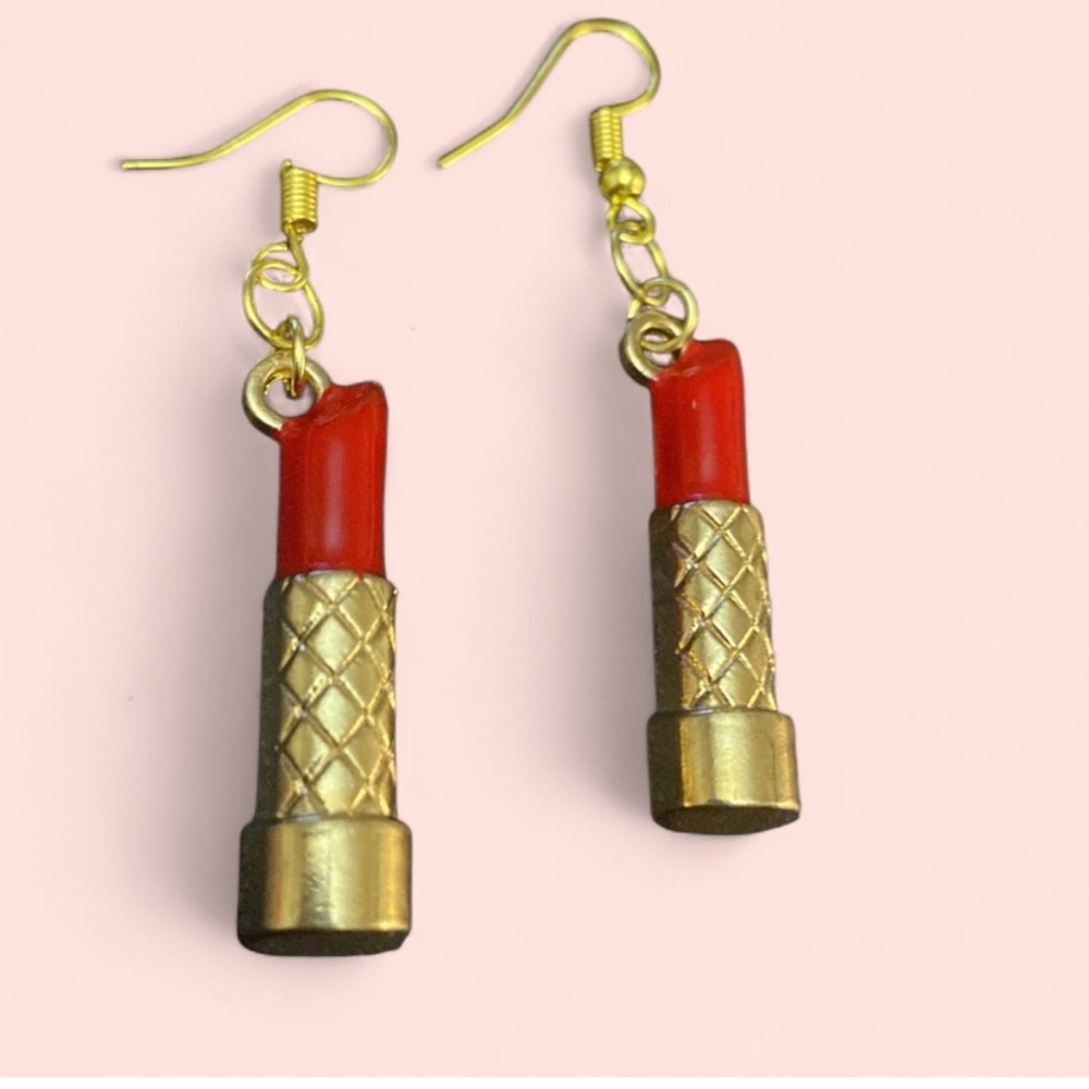Gold and Red Lipstick Charm Earrings